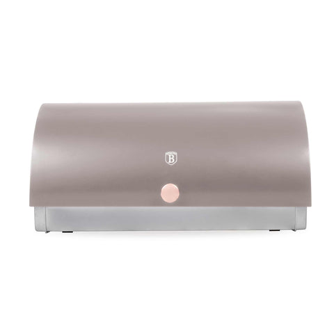 Product image of Bread box with 3pcs canister set. Part of the Taupe Collection . Features: • Material: stainless steel • Include: • Bread box 38,5*28*18,5 cm • Sugar canister Ø11*17,8 cm • Tea canister Ø11*17,8 cm • Coffee canister Ø11*17.... (Studio view). Official Berlinger Haus product, boosted by Promintra sl.