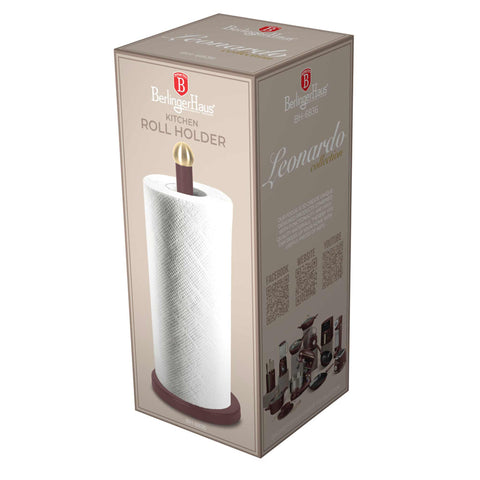 Product image of Kitchen roll holder. Part of the Leonardo Collection . Features: • Material: stainless steel with matt black coating • Size: 15*34 cm • Color: matt bordeaux. (Studio view). Official Berlinger Haus product, boosted by Promintra sl.