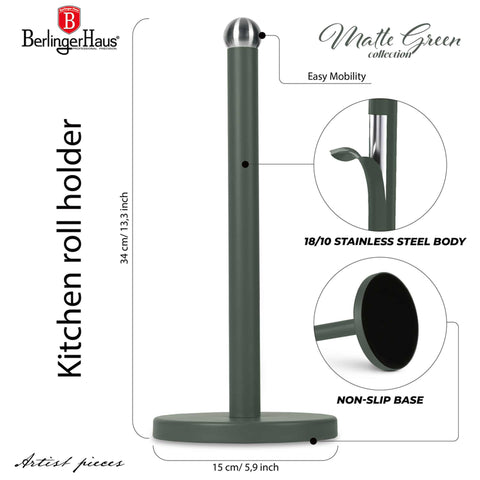 Imatge del producte del porta-rotlles de cuina. Forma part de la col·lecció Verd Mat. Característiques: • Material: acer inoxidable amb recobriment negre mat • Mida: 15*34 cm • Color: verd mat. (Vista d'estudi). Producte oficial de Berlinger, impulsat per Promintra sl.