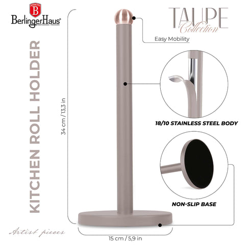 Imatge del producte del porta-rotlles de cuina. Part de la col·lecció Taupe. Característiques: • Material: acer inoxidable amb recobriment negre mat • Mida: 15*34 cm • Color: taupe mat. (Vista d'estudi). Producte oficial de Berlinger, impulsat per Promintra sl.