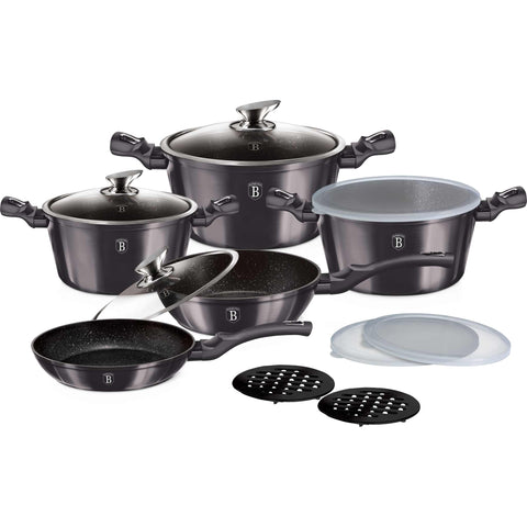Product image of 13pcs cookware set. Part of the Metallic Line Carbon Pro Edition . Features: • Material: forged aluminum • Include: • STACKABLE - SPACE SAVING • Deep frypan Ø24*6,5 cm 2,3L • Frypan Ø20*4,2 cm • Casserole with lid Ø20*10,4 c.... (Studio view). Official Berlinger Haus product, boosted by Promintra sl.