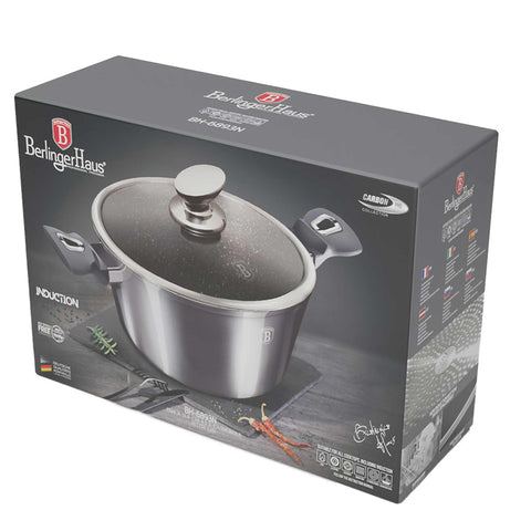 Product image of Casserole with lid 24cm. Part of the Metallic Line Carbon Pro Edition . Features: • Material: forged aluminum • Casserole with lid Ø24*11,8 cm 4,1L • Color: metallic dark grey REGISTERED DESIGN BY BERLINGER HAUS!. (Studio view). Official Berlinger Haus product, boosted by Promintra sl.