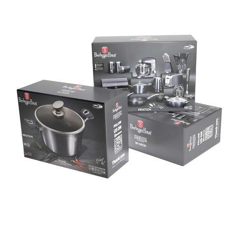Product image of Casserole with lid 24cm. Part of the Metallic Line Carbon Pro Edition . Features: • Material: forged aluminum • Casserole with lid Ø24*11,8 cm 4,1L • Color: metallic dark grey REGISTERED DESIGN BY BERLINGER HAUS!. (Studio view). Official Berlinger Haus product, boosted by Promintra sl.