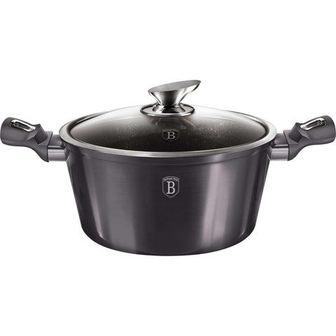 Product image of Casserole with lid 28cm. Part of the Metallic Line Carbon Pro Edition . Features: • Material: forged aluminum • Casserole with lid Ø24*12,4 cm 6,1L • Color: metallic dark grey REGISTERED DESIGN BY BERLINGER HAUS!. (Studio view). Official Berlinger Haus product, boosted by Promintra sl.