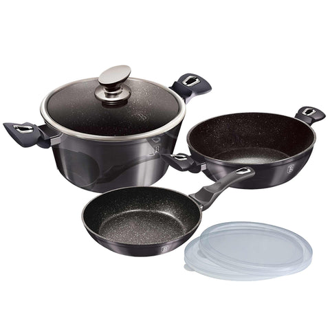 Product image of 6pcs cookware set. Part of the Metallic Line Carbon Pro Edition . Features: • Material: forged aluminum • Include: • Frypan Ø24*4,8 cm 1,7L • Casserole with lid Ø24*11,8 cm 4,1L • Shallow pot Ø24*6,5 cm 2,3L • 2 pcs plastic.... (Studio view). Official Berlinger Haus product, boosted by Promintra sl.