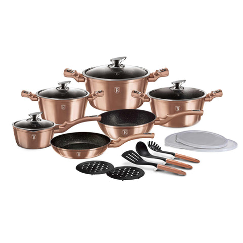 Product image of 18pcs cookware set. Part of the Metallic Line Rose Gold Edition . Features: • Material: forged aluminum • Include: • STACKABLE - SPACE SAVING • Deep frypan Ø24*6,5 cm 2,3L • Frypan Ø28*5,2 cm 2,4L • Sauce pan with lid Ø16*7.... (Studio view). Official Berlinger Haus product, boosted by Promintra sl.