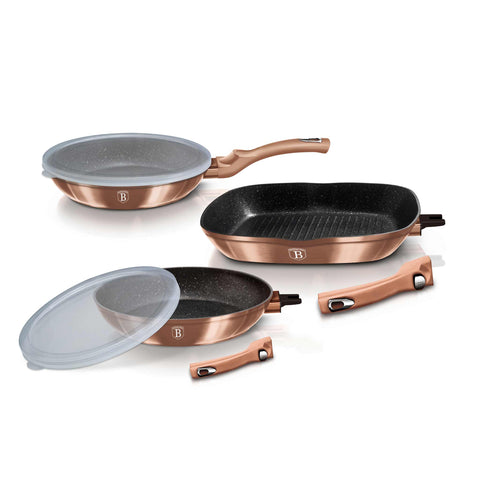 BH/7038, joc de 5 paelles amb mànec desmuntable, or rosa, joc de 5 paelles b., mànec desmuntable, estris de cuina intel·ligents, paella, joc de paelles, paella, joc de paelles, paella per a graella, utensilis de cuina, cuina