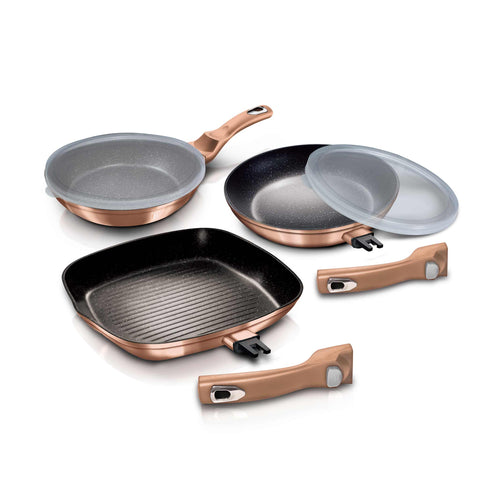 BH/7038,BH/1279NF,Juego de 5 sartenes con mango desmontable,Oro rosa,Juego de 5 sartenes b.,Mango desmontable,Utensilios de cocina inteligentes,Sartén,Juego de sartenes,Sartén,Juego de sartenes,Sartén para parrilla,Utensilios de cocina,Cocinar,Sartenes,Juego de sartenes