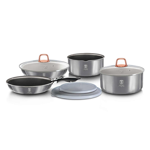 Product image of 9pcs cookware set. Part of the Moonlight Collection . Features: • Material: aluminum • Include: • STACKABLE - SPACE SAVING • Frypan Ø20*4,5 cm 1,0L • Frypan Ø24*4,8 cm 1,7L • Sauce pan with mouth Ø16*7,5 cm 1,2L.... (Studio view). Official Berlinger Haus product, boosted by Promintra sl.