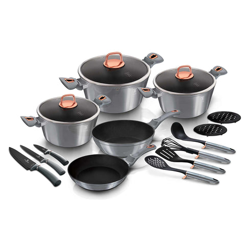 Product image of 17pcs cookware set. Part of the Moonlight Collection . Features: • Material: forged aluminum • Include: • Casserole with lid Ø20*10,4 cm 2,5L • Casserole with lid Ø24*11,8 cm 4,1L • Casserole with lid Ø28*12,4 cm.... (Studio view). Official Berlinger Haus product, boosted by Promintra sl.