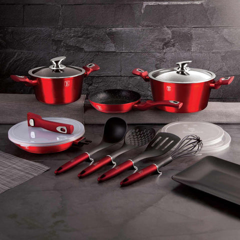 BH/7057, juego de utensilios de cocina de 13 piezas con mango desmontable, burdeos, rojo, juego de utensilios de cocina de 13 piezas, mango desmontable, utensilios de cocina inteligentes, juego de utensilios de cocina, ollas, juego de ollas, ollas y sartenes, juego de ollas y sartenes, juego, herramientas de cocina, cocina, utensilios de cocina,Berlinger Haus, Promintra