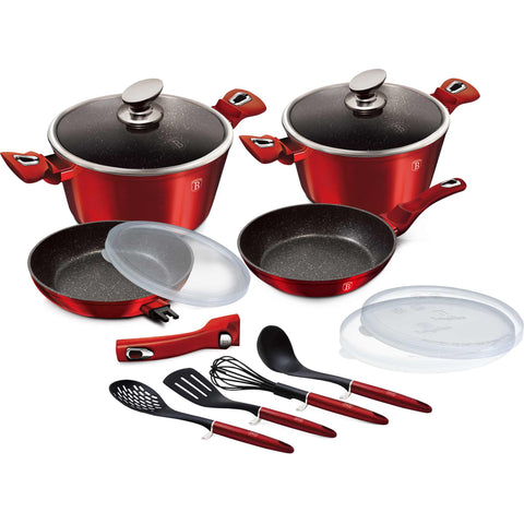 BH/7057, juego de utensilios de cocina de 13 piezas con mango desmontable, burdeos, rojo, juego de utensilios de cocina de 13 piezas, mango desmontable, utensilios de cocina inteligentes, juego de utensilios de cocina, ollas, juego de ollas, ollas y sartenes, juego de ollas y sartenes, juego, herramientas de cocina, cocina, utensilios de cocina, Berlinger Haus, Promintra