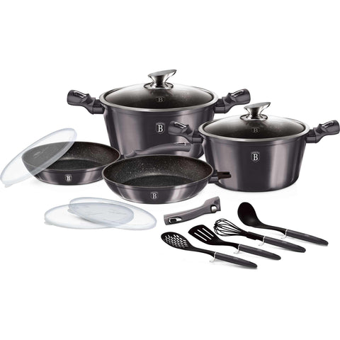 Product image of 13pcs cookware set with detachable handle. Part of the Metallic Line Carbon Pro Edition . Features: • Material: forged aluminum • Include: • STACKABLE - SPACE SAVING • Frypan Ø20*4,5 cm 1,0L • Frypan with detachable handle Ø24*4,8 cm 1,7L • Casser.... (Studio view). Official Berlinger Haus product, boosted by Promintra sl.