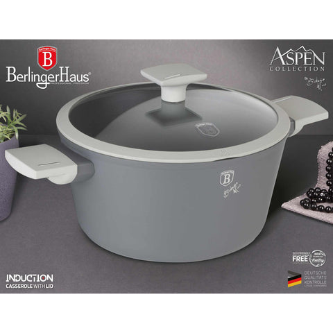 Product image of Casserole with lid 20cm. Part of the Aspen Collection . Features: • Material: forged aluminum with grey titan non-stick coating • Casserole with lid Ø20*10,4 cm 2,5L • Color: matt grey REGISTERED DESIGN BY BERLING.... (Studio view). Official Berlinger Haus product, boosted by Promintra sl.