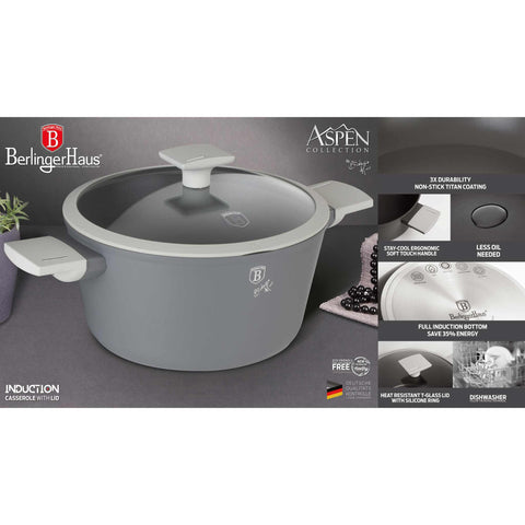 Product image of Casserole with lid 20cm. Part of the Aspen Collection . Features: • Material: forged aluminum with grey titan non-stick coating • Casserole with lid Ø20*10,4 cm 2,5L • Color: matt grey REGISTERED DESIGN BY BERLING.... (Studio view). Official Berlinger Haus product, boosted by Promintra sl.