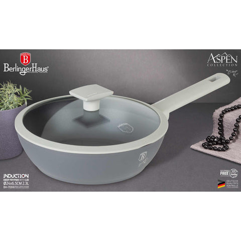 Product image of Deep frypan with lid 24cm. Part of the Aspen Collection . Features: • Material: forged aluminum with grey titan non-stick coating • Deep frypan with lid Ø24*6,5 cm 2,3L • Color: matt grey REGISTERED DESIGN BY BERLIN.... (Studio view). Official Berlinger Haus product, boosted by Promintra sl.