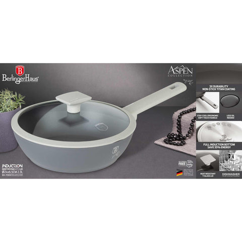 Product image of Deep frypan with lid 24cm. Part of the Aspen Collection . Features: • Material: forged aluminum with grey titan non-stick coating • Deep frypan with lid Ø24*6,5 cm 2,3L • Color: matt grey REGISTERED DESIGN BY BERLIN.... (Studio view). Official Berlinger Haus product, boosted by Promintra sl.