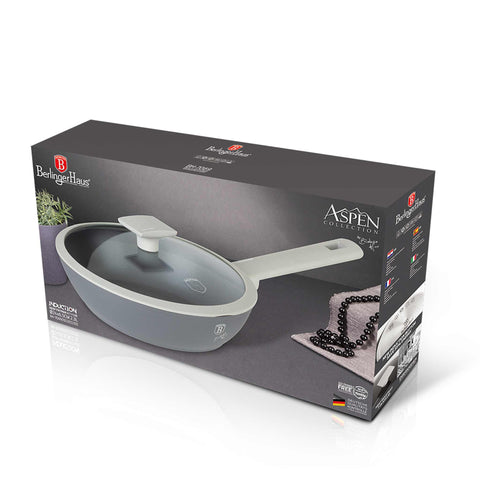 Product image of Deep frypan with lid 24cm. Part of the Aspen Collection . Features: • Material: forged aluminum with grey titan non-stick coating • Deep frypan with lid Ø24*6,5 cm 2,3L • Color: matt grey REGISTERED DESIGN BY BERLIN.... (Studio view). Official Berlinger Haus product, boosted by Promintra sl.