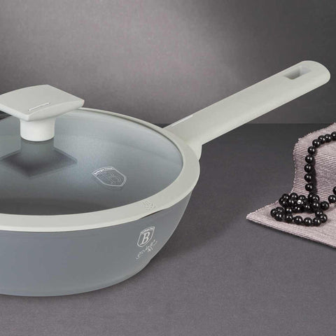 Product image of Deep frypan with lid 24cm. Part of the Aspen Collection . Features: • Material: forged aluminum with grey titan non-stick coating • Deep frypan with lid Ø24*6,5 cm 2,3L • Color: matt grey REGISTERED DESIGN BY BERLIN.... (Studio view). Official Berlinger Haus product, boosted by Promintra sl.
