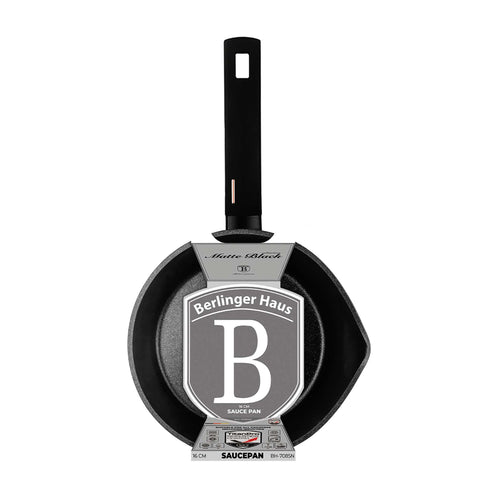 Product image of Sauce pan 16cm. Part of the Monaco Collection . Features: • Material: forged aluminum with black titan non-stick coating • Sauce pan Ø16*7 cm 1,2L • Color: black- rose gold REGISTERED DESIGN BY BERLINGER H.... (Studio view). Official Berlinger Haus product, boosted by Promintra sl.