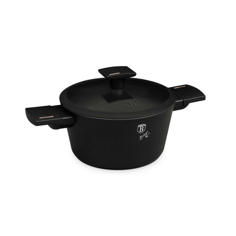 Product image of Casserole with lid 20cm. Part of the Monaco Collection . Features: • Material: forged aluminum with black titan non-stick coating • Casserole with lid Ø20*10,4 cm 2,5L • Color: black- rose gold REGISTERED DESIGN BY.... (Studio view). Official Berlinger Haus product, boosted by Promintra sl.