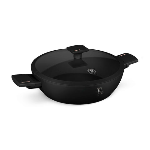 Product image of Shallow pot with lid 28cm. Part of the Monaco Collection . Features: • Material: forged aluminum with black titan non-stick coating • Shallow pot with lid Ø28*7,5 cm 3,8L • Color: black- rose gold REGISTERED DESIGN B.... (Studio view). Official Berlinger Haus product, boosted by Promintra sl.