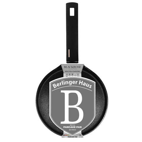 Product image of Pancake pan 25cm. Part of the Monaco Collection . Features: • Material: forged aluminum with black titan non-stick coating • Pancake pan Ø25*1,5 cm • Color: black- rose gold REGISTERED DESIGN BY BERLINGER HAUS!. (Studio view). Official Berlinger Haus product, boosted by Promintra sl.