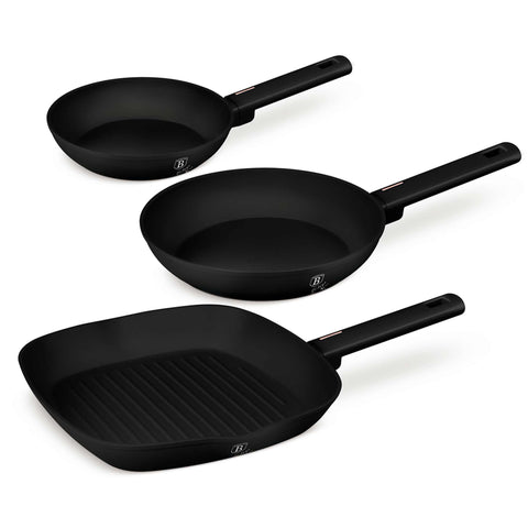 Product image of 3pcs frypan set. Part of the Monaco Collection . Features: • Material: forged aluminum with black titan non-stick coating • Include: • Frypan Ø20*4,5 cm 1,0L • Frypan Ø24*4,8 cm 1,7L • Grill pan Ø28*4,1 cm .... (Studio view). Official Berlinger Haus product, boosted by Promintra sl.
