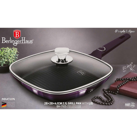 Product image of Grill pan with lid 28cm. Part of the Purple Eclipse Collection . Features: • Material: forged aluminum • Grill pan Ø28*4,1 cm 2,1L • Color: metallic purple with black shadow shadow REGISTERED DESIGN BY BERLINGER HAUS!. (Studio view). Official Berlinger Haus product, boosted by Promintra sl.