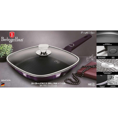 Product image of Grill pan with lid 28cm. Part of the Purple Eclipse Collection . Features: • Material: forged aluminum • Grill pan Ø28*4,1 cm 2,1L • Color: metallic purple with black shadow shadow REGISTERED DESIGN BY BERLINGER HAUS!. (Studio view). Official Berlinger Haus product, boosted by Promintra sl.