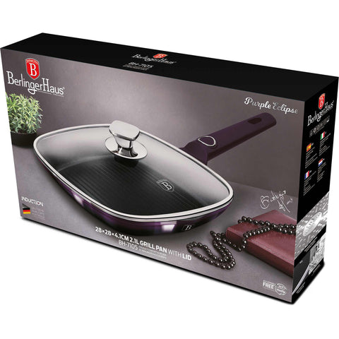 Product image of Grill pan with lid 28cm. Part of the Purple Eclipse Collection . Features: • Material: forged aluminum • Grill pan Ø28*4,1 cm 2,1L • Color: metallic purple with black shadow shadow REGISTERED DESIGN BY BERLINGER HAUS!. (Studio view). Official Berlinger Haus product, boosted by Promintra sl.