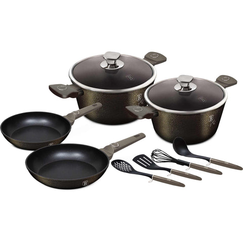 Product image of 10pcs cookware set. Part of the Crystal Collection . Features: • Material: forged aluminum with non-stick coating • Include: • Frypan Ø20*4.2 cm • Frypan Ø24*4,8 cm 1,7L • Casserole with lid Ø20*10,4 cm 2,5L • .... (Studio view). Official Berlinger Haus product, boosted by Promintra sl.