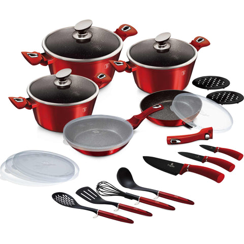 BH/7180, juego de utensilios de cocina de 22 piezas con mango desmontable, burdeos, rojo, juego de utensilios de cocina de 22 piezas, mango desmontable, utensilios de cocina inteligentes, juego de utensilios de cocina, ollas, juego de ollas, ollas y sartenes, juego de ollas y sartenes, juego, herramientas de cocina, cuchillo, cuchillos, cocina, utensilios de cocina, Berlinger Haus, Promintra