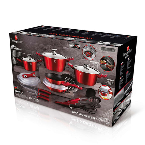 BH/7180, juego de utensilios de cocina de 22 piezas con mango desmontable, burdeos, rojo, juego de utensilios de cocina de 22 piezas, mango desmontable, utensilios de cocina inteligentes, juego de utensilios de cocina, ollas, juego de ollas, ollas y sartenes, juego de ollas y sartenes, juego, herramientas de cocina, cuchillo, cuchillos, cocina, utensilios de cocina,Berlinger Haus, Promintra
