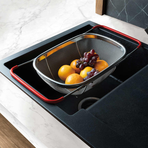 accesorios de cocina, acero inoxidable, almacenamiento, BH/7205, cesta de malla, Cesta de malla flexible con asas ajustables, cesta para lavar frutas y verduras, colador, utensilios de cocina, Imagen tipo estilo de vida: detalles y funciones.
