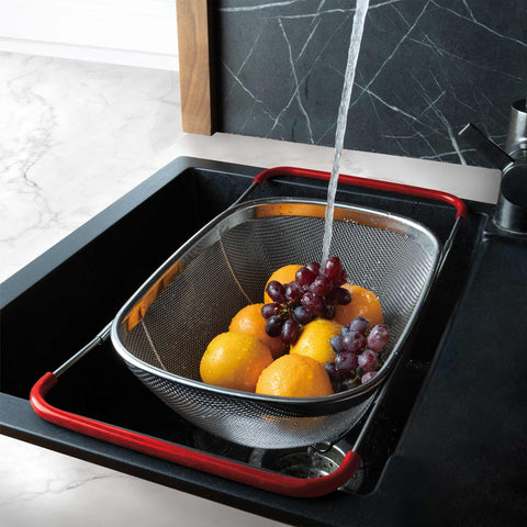 Flexible mesh basket with adjustable handles.