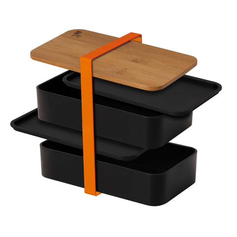 Product image of 2layers lunch box with bamboo lid. Part of the Black Vantage Collection/Matte Black Collection/Black Silver Collection . Features: • Material: plastic, bamboo • Size: 2x 18,5*10,5*9,5 cm • 2 in 1: bamboo lid and cutting board • Silicone elastic strap. (Studio view). Official Berlinger Haus product, boosted by Promintra sl.