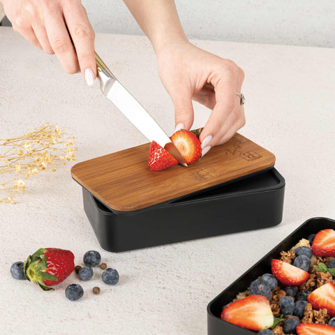 BH/7206, Lonchera de 2 capas con tapa de bambú, negra, lonchera, contenedor de alimentos, caja de alimentos, almacenamiento de alimentos, tapa de bambú