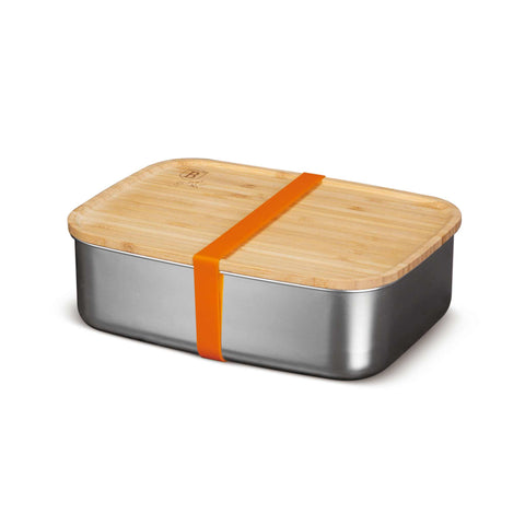 Product image of Lunch box with bamboo lid. Part of the kitchen accessories . Features: • Material: 18/10 stainless steel, bamboo • Size: 21,2*15,8*7 cm • Capacity: 1500 ml • 2 in 1: bamboo lid and cutting board • Silicone elastic strap. (Studio view). Official Berlinger Haus product, boosted by Promintra sl.