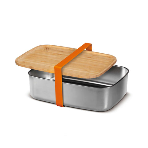 Product image of Lunch box with bamboo lid. Part of the kitchen accessories . Features: • Material: 18/10 stainless steel, bamboo • Size: 21,2*15,8*7 cm • Capacity: 1500 ml • 2 in 1: bamboo lid and cutting board • Silicone elastic strap. (Studio view). Official Berlinger Haus product, boosted by Promintra sl.