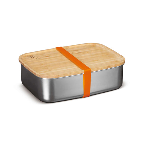 Imagem do produto: Lancheira com tampa de bambu. Parte dos acessórios de cozinha. Características: • Material: aço inoxidável 18/10, bambu • Tamanho: 21,2*15,8*7 cm • Capacidade: 1500 ml • 2 em 1: tampa de bambu e tábua de corte • Alça elástica de silicone. (Imagem de estúdio). Produto oficial Berlinger Haus, com o apoio da Promintra sl.