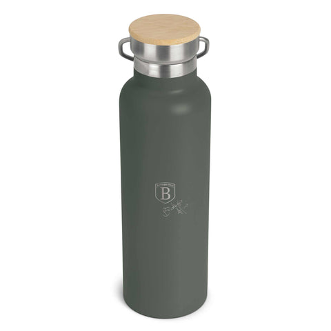 Product image of Flask with bamboo lid 0,6L. Part of the Matte Green Collection . Features: • Material: 18/10 stainless steel with matt powder coating • Bamboo lid • Capacity: 0,6 L • Color: matt green • Packing: giftbox. (Studio view). Official Berlinger Haus product, boosted by Promintra sl.