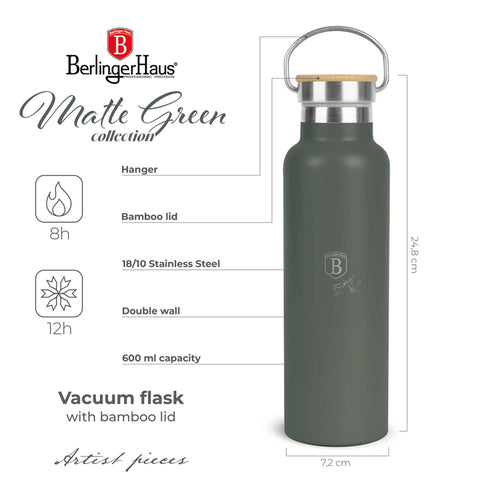 Product image of Flask with bamboo lid 0,6L. Part of the Matte Green Collection . Features: • Material: 18/10 stainless steel with matt powder coating • Bamboo lid • Capacity: 0,6 L • Color: matt green • Packing: giftbox. (Studio view). Official Berlinger Haus product, boosted by Promintra sl.