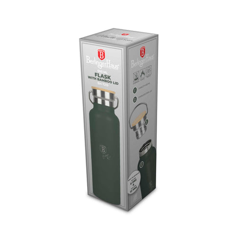 BH/7219, Termo con tapa de bambú 0,6L, Verde Mate, Termo con tapa de bambú, Termo, Botella para beber, Almacenamiento de alimentos