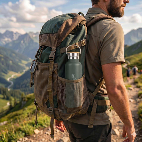 Product image of Flask with bamboo lid 0,6L. Part of the Matte Green Collection . Features: • Material: 18/10 stainless steel with matt powder coating • Bamboo lid • Capacity: 0,6 L • Color: matt green • Packing: giftbox. (Studio view). Official Berlinger Haus product, boosted by Promintra sl.