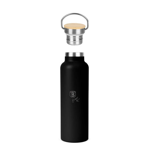 BH/7617, Termo con tapa de bambú 0,6L, Negro, Plateado, Termo con tapa de bambú, Termo, Botella para beber, Almacenamiento de alimentos