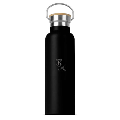 Product image of Flask with bamboo lid 0,6L. Part of the Matte Black Collection . Features: • Material: 18/10 stainless steel with matt powder coating • Bamboo lid • Capacity: 0,6 L • Color: black- silver • Packing: giftbox. (Studio view). Official Berlinger Haus product, boosted by Promintra sl.