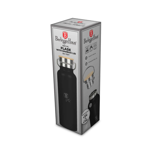 BH/7617, Termo con tapa de bambú 0,6L, Negro, Plateado, Termo con tapa de bambú, Termo, Botella para beber, Almacenamiento de alimentos
