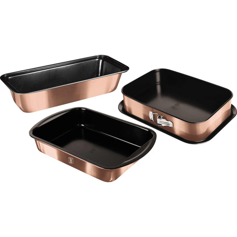 BH/7633, juego de 3 moldes para hornear, oro rosa, utensilios para hornear, juego de moldes para hornear, hornear, molde desmontable cuadrado, asador, molde para pan, molde para hornear