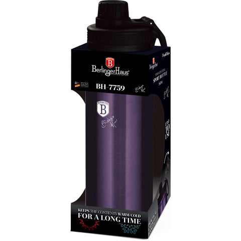 Imatge del producte d'ampolla esportiva de 540 ml. Forma part de la col·lecció Purple Eclipse. Característiques: • Material: cos interior d'acer inoxidable 18/10 • Capacitat: 540 ml • Color: porpra metàl·lic • Embalatge: mitja caixa de regal. (Vista d'estudi). Producte oficial de Berlinger, impulsat per Promintra sl.
